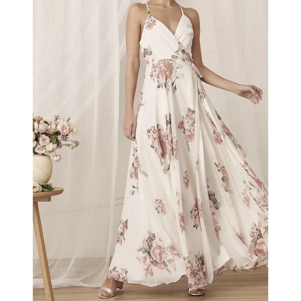 Lulus cream pink floral wrap maxi dress adjustable strap sleeveless womens Small